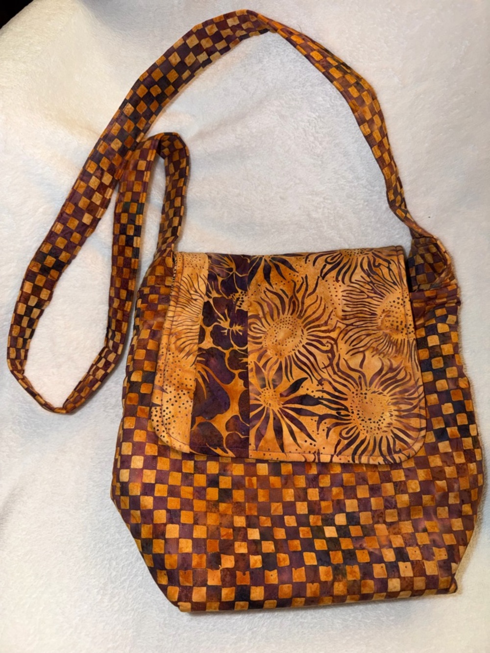 Handcrafted Floral Patchwork Crossbody Bag - Orange & Purple
